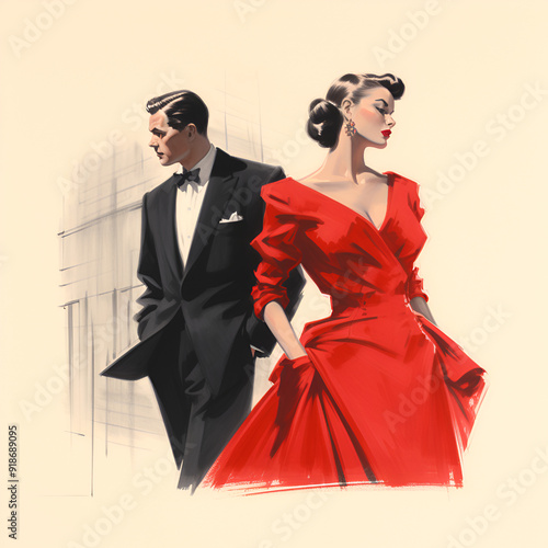 Vintage Sketch of Man and Woman in Formal Attire, Waman Wearing Red Dress, Man Wearing Off Black Tuxedo