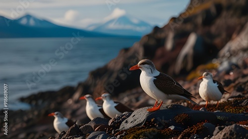 The nature of the Kamchatka peninsula and a colony of birds on the rocks for 4K wallpaper Generative AI