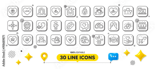 Friend, Call me and Love line icons pack. 3d design elements. Romantic gift, Love heart, Hold heart web icon. Be true, Wedding rings, Lgbt pictogram. Divorce lawyer, Friends world, Be sweet. Vector