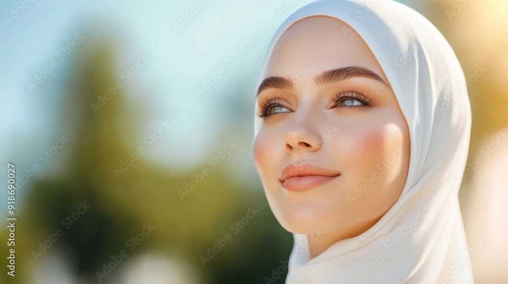 A serene moment unfolds as an elegant woman in a white hijab gazes thoughtfully into the distance A serene moment unfolds as an elegant woman in a white hijab gazes thoughtfully into the distance