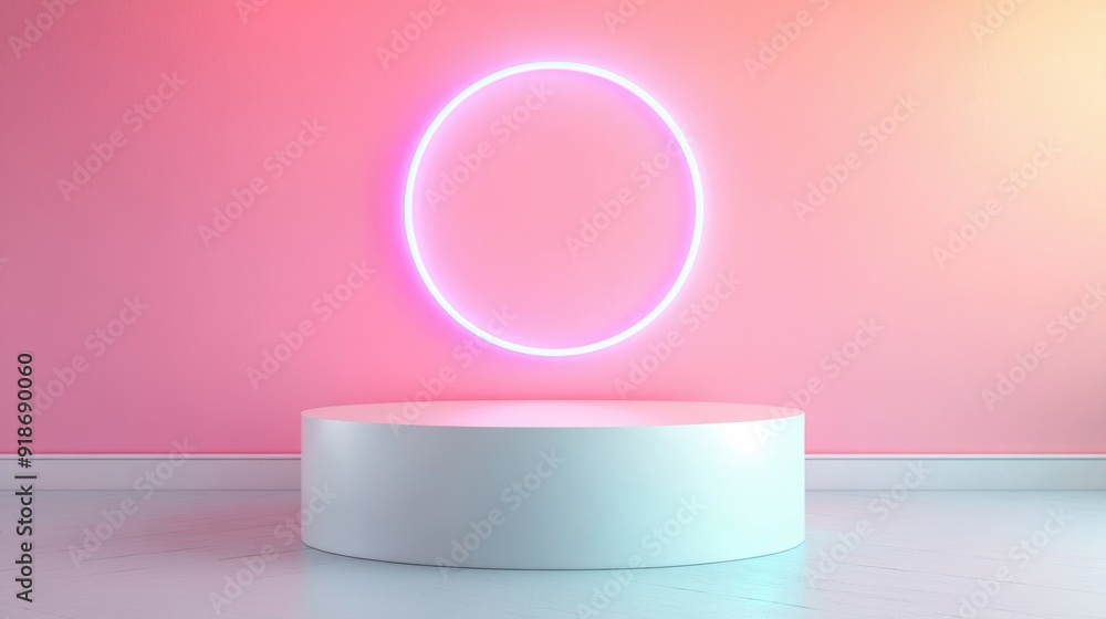 A vibrant empty display stand with glowing neon lights against a pink backdrop A vibrant empty display stand with glowing neon lights against a pink backdrop