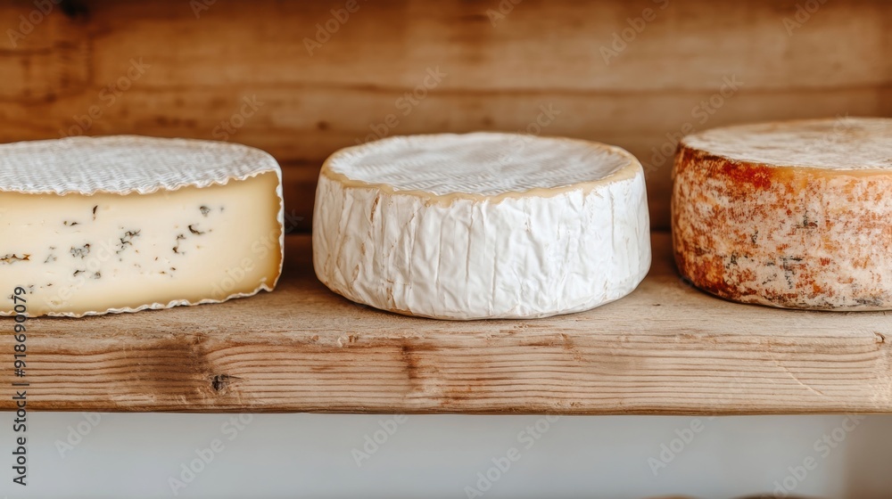 Various artisan cheese wheels are carefully arranged on wooden shelves, inviting customers to explore local flavors Various artisan cheese wheels are carefully arranged on wooden shelves, inviting customers to explore local flavors
