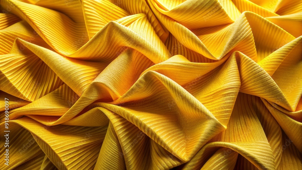 Vibrant yellow fabric intricately folded into crisp, geometric pleats, creating a textured and dimensional visual interest in a soft, natural light setting. Vibrant yellow fabric intricately folded into crisp, geometric pleats, creating a textured and dimensional visual interest in a soft, natural light setting.