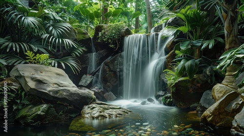 Lush green foliage surrounds a cascading waterfall, creating a tranquil oasis. The water flows smoothly over mossy rocks and into a clear pool.