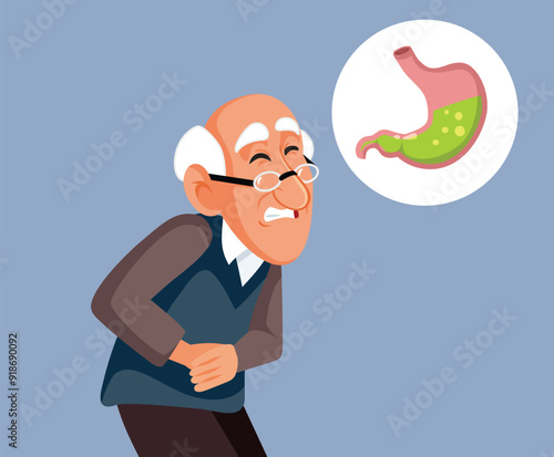 Elderly Man Feeling Stomachache Sensation Vector Illustration. Sick elderly person suffering from too much acid reflux 
