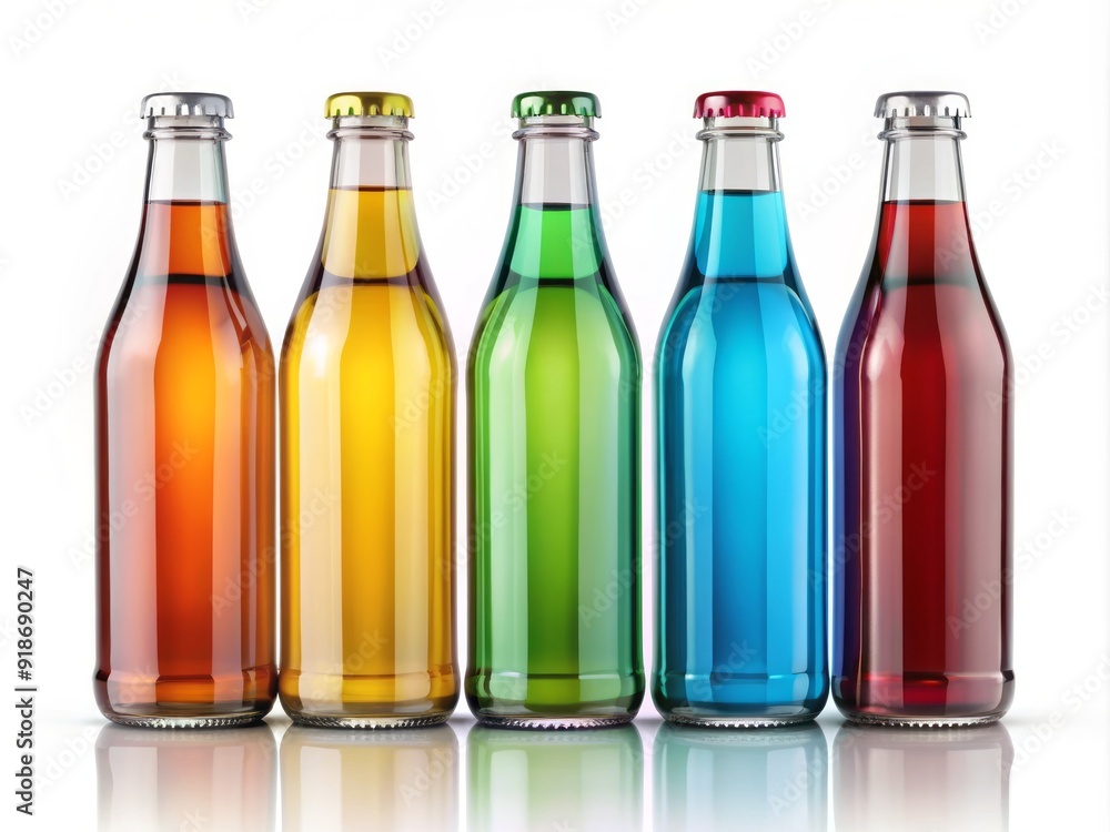 A set of sleek, modern, and colorful glass bottles with customizable labels and caps against a clean white background, perfect for product mockups and designs. A set of sleek, modern, and colorful glass bottles with customizable labels and caps against a clean white background, perfect for product mockups and designs.