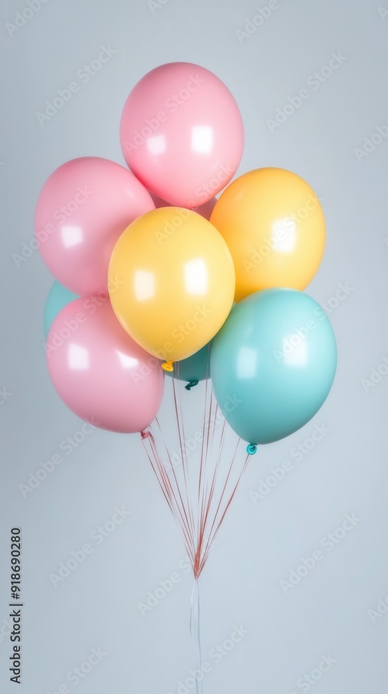 A cluster of colorful balloons in pink, yellow, and turquoise ascends gracefully against a white backdrop A cluster of colorful balloons in pink, yellow, and turquoise ascends gracefully against a white backdrop