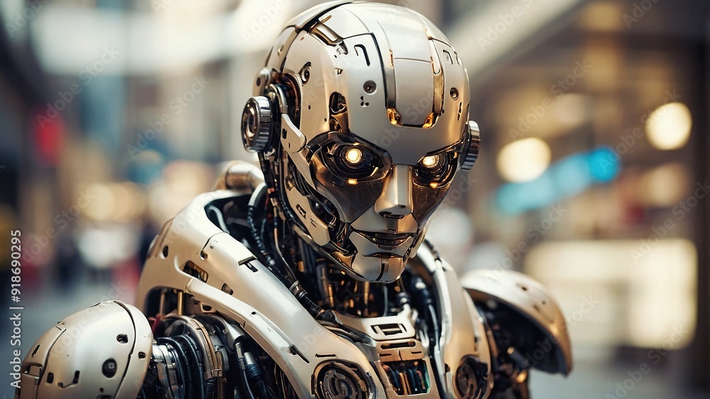 Cybernetic humanoid robot with intricate design in a modern workspace environment during daylight Cybernetic humanoid robot with intricate design in a modern workspace environment during daylight