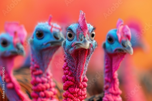 A Flock of Colorful Turkeys Strutting in the Sunset