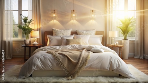 Soft, white bedding and plush pillows adorn a comfortable, unmade bed, surrounded by calm, neutral tones and warm, golden morning light.