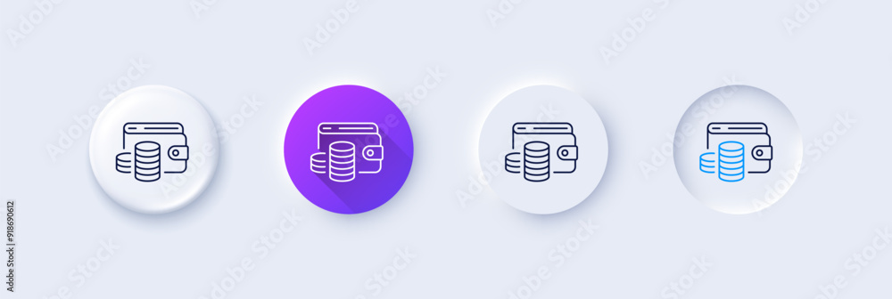 Wallet money line icon. Neumorphic, Purple gradient, 3d pin buttons. Cash coins sign. Business income symbol. Line icons. Neumorphic buttons with outline signs. Vector Wallet money line icon. Neumorphic, Purple gradient, 3d pin buttons. Cash coins sign. Business income symbol. Line icons. Neumorphic buttons with outline signs. Vector