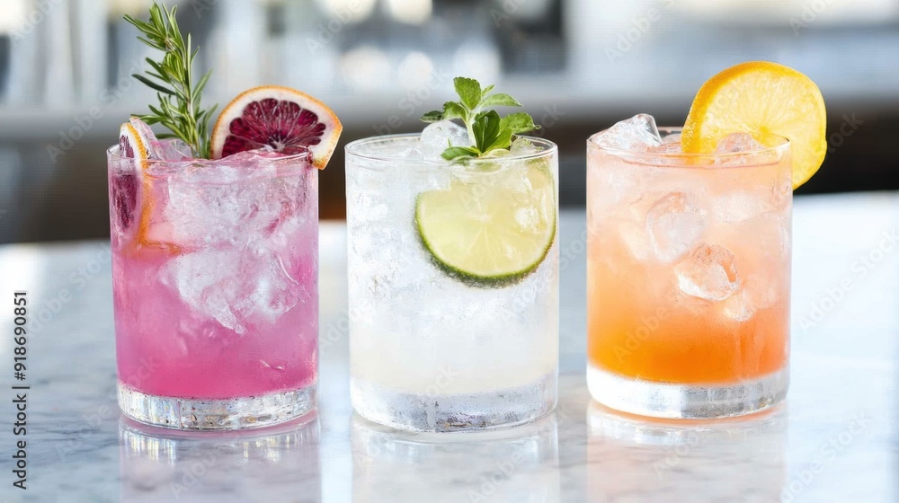 Three vibrant cocktails with unique garnishes are arranged on a marble table at a lively outdoor setting Three vibrant cocktails with unique garnishes are arranged on a marble table at a lively outdoor setting