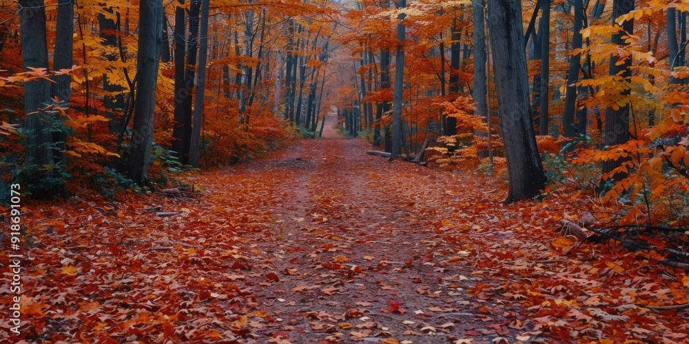 A scenic view of a winding forest path covered in fallen leaves, perfect for nature and outdoor themed projects A scenic view of a winding forest path covered in fallen leaves, perfect for nature and outdoor themed projects