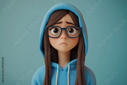 A sad, stressed, and upset cartoon character of a young teenage girl, wearing glasses and a blue hoodie, depicted in a 3D style design on a light background. The concept focuses on human emotions and 