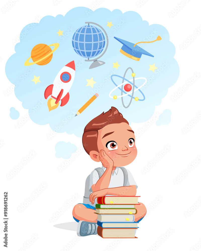 Little school boy dreaming of a career in science. Cartoon vector illustration. Little school boy dreaming of a career in science. Cartoon vector illustration.