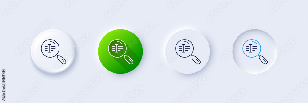 Search text line icon. Neumorphic, Green gradient, 3d pin buttons. Find word sign. Line icons. Neumorphic buttons with outline signs. Vector Search text line icon. Neumorphic, Green gradient, 3d pin buttons. Find word sign. Line icons. Neumorphic buttons with outline signs. Vector
