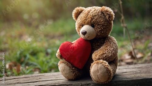 A teddy bear holding a red heart sits on a wooden surface surrounded by greenery in soft natural light