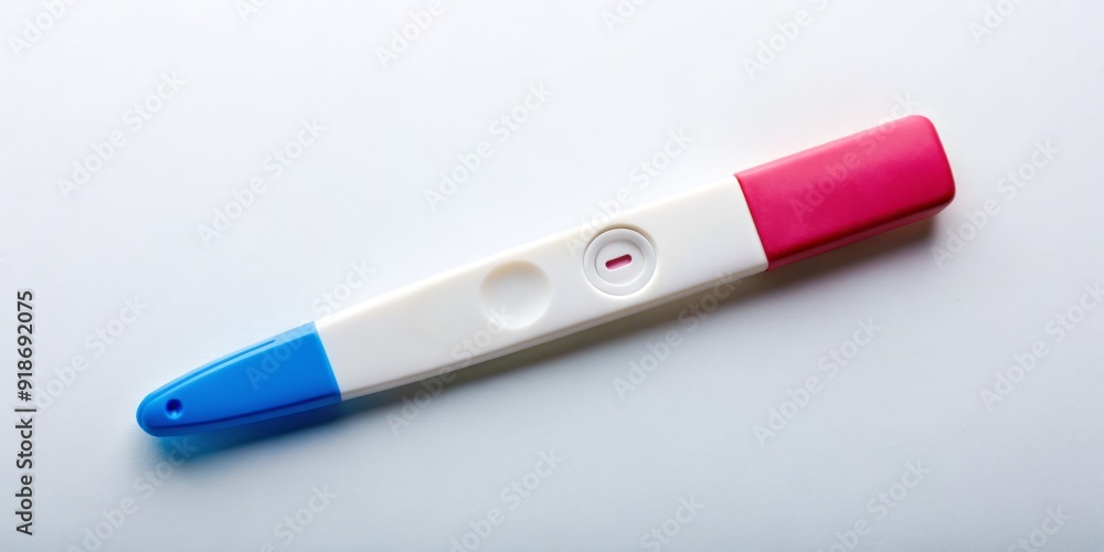 Colorful negative pregnancy test stick lying on a white background, surrounded by empty space, conveying a sense of disappointment and uncertainty. Colorful negative pregnancy test stick lying on a white background, surrounded by empty space, conveying a sense of disappointment and uncertainty.