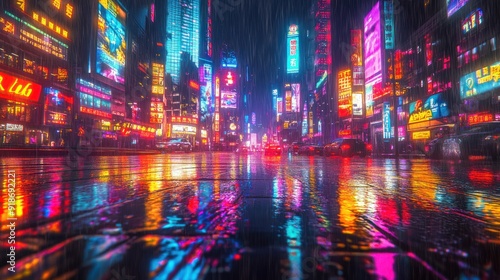 Neon Cityscape Under Rain