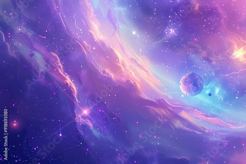 Colorful Nebula and Stars with a Glowing Moon