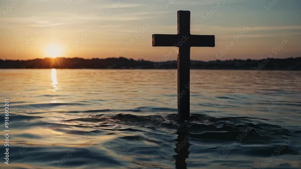 A striking cross stands prominently in calm waters as the sun sets on the horizon A striking cross stands prominently in calm waters as the sun sets on the horizon