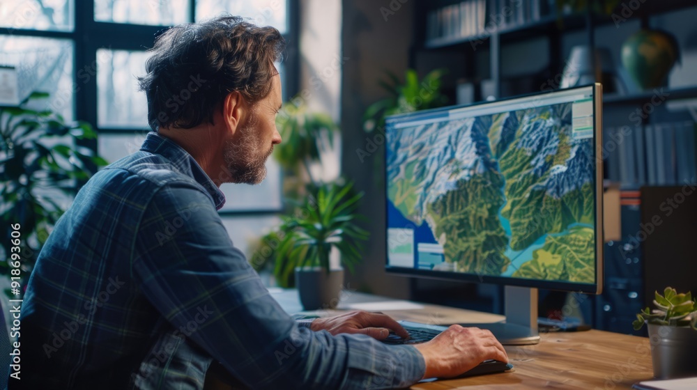 A man sits at a desk, focused on analyzing geographic data displayed on a computer monitor showing maps A man sits at a desk, focused on analyzing geographic data displayed on a computer monitor showing maps