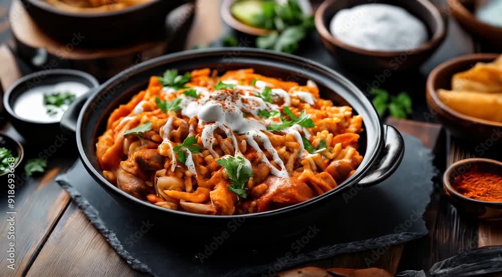 Traditional Uzbekistani food Plov, a dish featuring seasoned rice cooked with lamb, carrots, and onions, topped with fresh herbs and a dollop of yogurt or sour cream. Traditional Uzbekistani food Plov, a dish featuring seasoned rice cooked with lamb, carrots, and onions, topped with fresh herbs and a dollop of yogurt or sour cream.