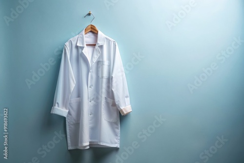 Crisp, white medical gown hangs neatly on a hook, ready for use, against a clean, monochromatic background, evoking a sense of professionalism and hygiene.