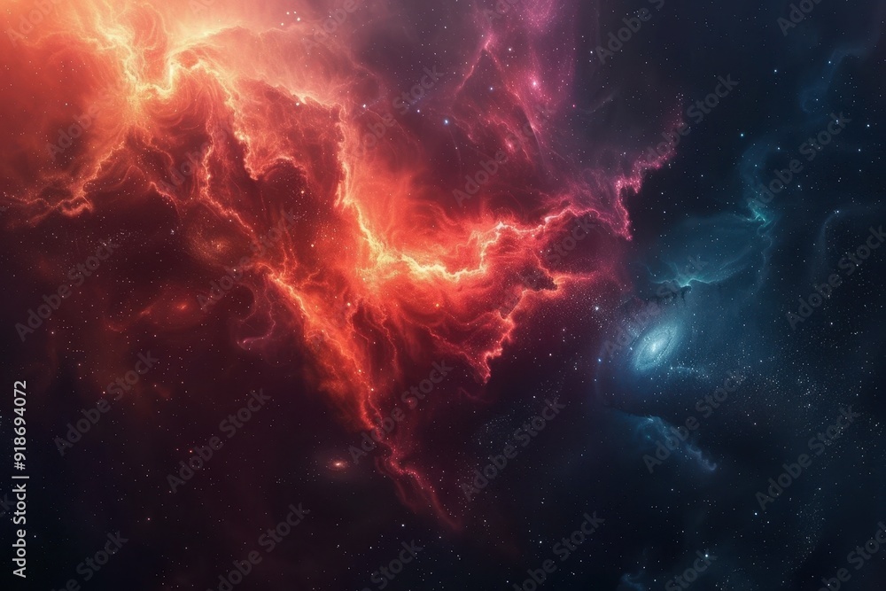 Glowing red and blue nebulae with bright stars in deep space Glowing red and blue nebulae with bright stars in deep space