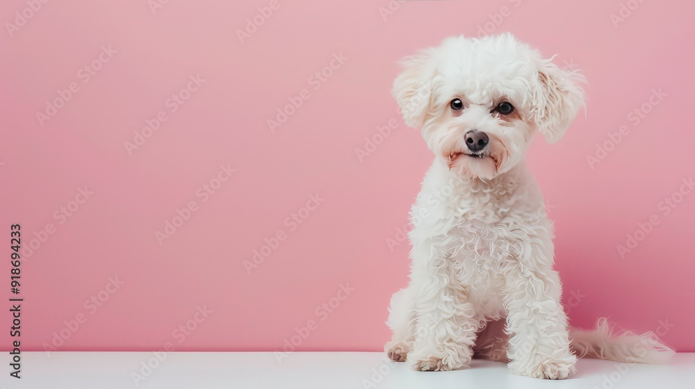 A small white dog with fluffy fur sits on a white surface against a pink wall. A small white dog with fluffy fur sits on a white surface against a pink wall.