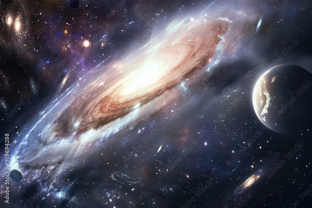 Obraz premium Spiral galaxy with a blue and green planet in the foreground