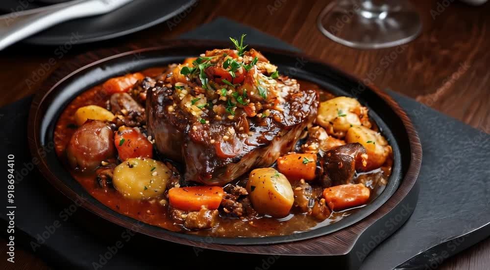 Traditional French food Boeuf Bourguignon. Beef, carrots, and potatoes braised in red wine, garnished with herbs, served in a rich sauce. Traditional French food Boeuf Bourguignon. Beef, carrots, and potatoes braised in red wine, garnished with herbs, served in a rich sauce.