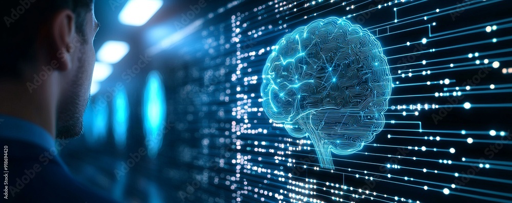 A person observing a digital brain concept, symbolizing artificial intelligence and advanced technology integration. A person observing a digital brain concept, symbolizing artificial intelligence and advanced technology integration.