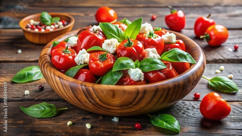 Vibrant red and green peppadew peppers sit heaped in a rustic wooden bowl, surrounded by fresh basil leaves and a sprinkle of crumbled feta cheese. photo