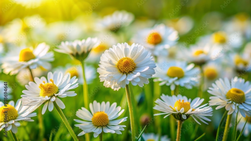 Vibrant yellow and white ditsy flower blooms with delicate petals and golden center, scattered on a soft, blurred green meadow background, evoking whimsical charm. Vibrant yellow and white ditsy flower blooms with delicate petals and golden center, scattered on a soft, blurred green meadow background, evoking whimsical charm.