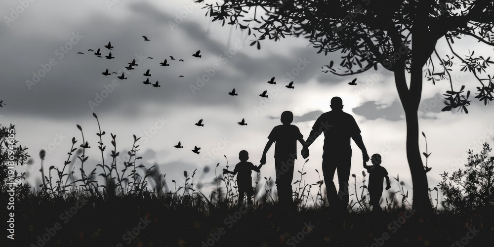 A family stands together, holding hands, in a green field