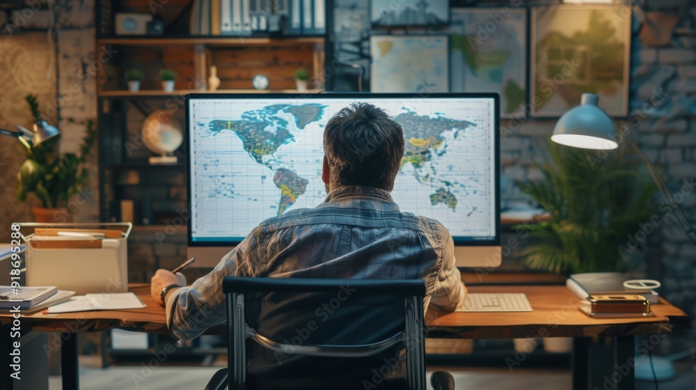 A man sits at a desk, focused on analyzing geographic data displayed on a computer monitor showing maps A man sits at a desk, focused on analyzing geographic data displayed on a computer monitor showing maps