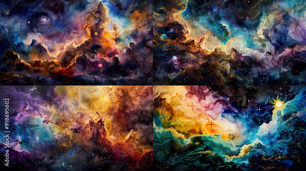 Cosmic vistas in watercolor, with layered washes that depict nebulae and distant galaxies in a symphony of cosmic colors and textures Cosmic vistas in watercolor, with layered washes that depict nebulae and distant galaxies in a symphony of cosmic colors and textures