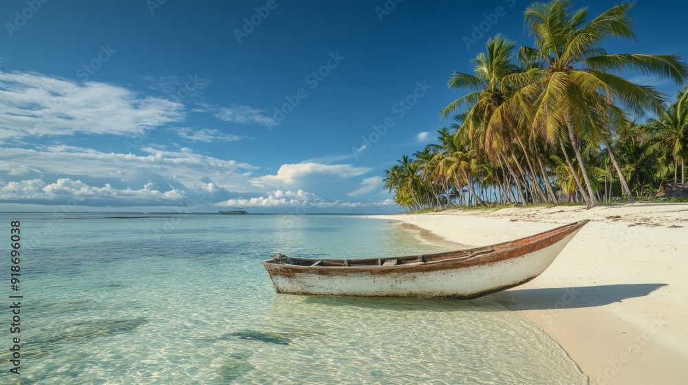 Idyllic Beach with Wooden Boat and Clear Turquoise Waters Idyllic Beach with Wooden Boat and Clear Turquoise Waters