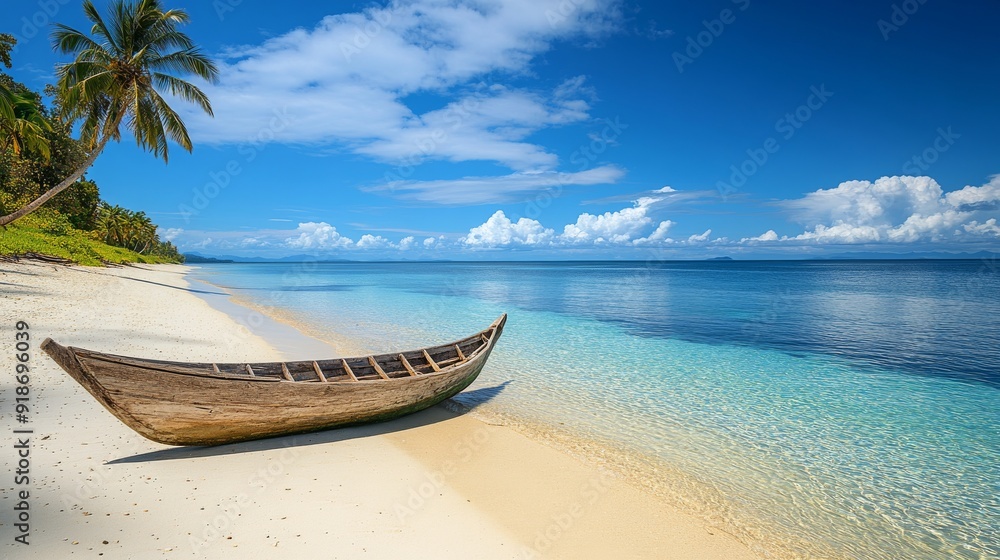 Obraz premium Serene Tropical Beach with Wooden Boat and Crystal Clear Waters