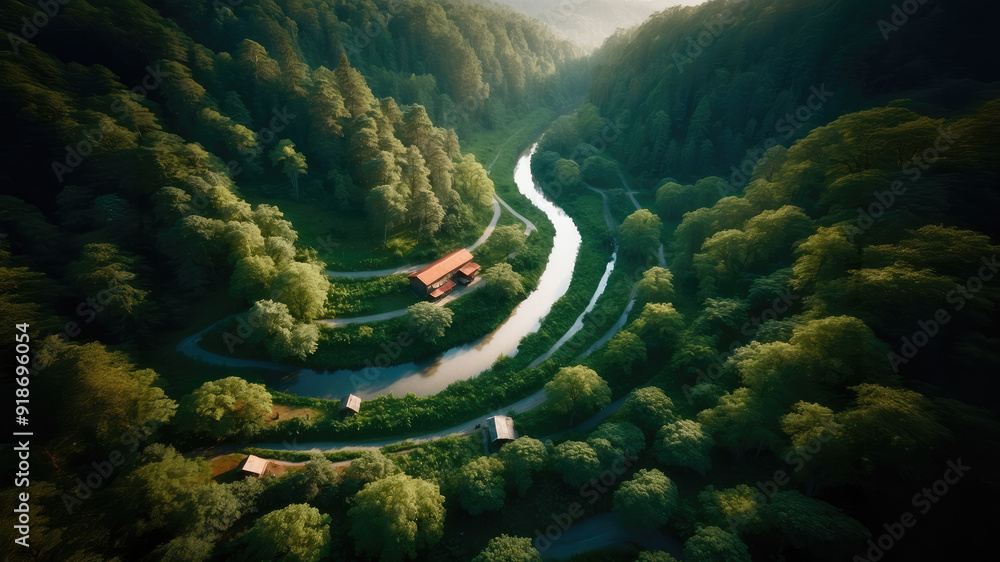 Title: Serene Meander Through Emerald Woods