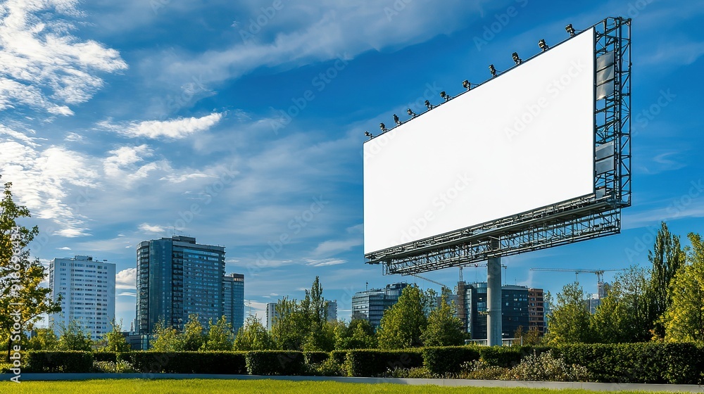 Blank Billboard in Urban Setting with Blue Sky and Clouds Blank Billboard in Urban Setting with Blue Sky and Clouds