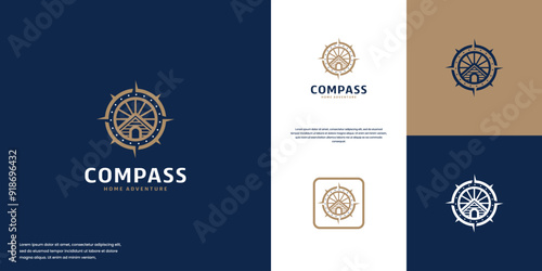compass and house minimalist logo, directions logo, property map, logo vector template.