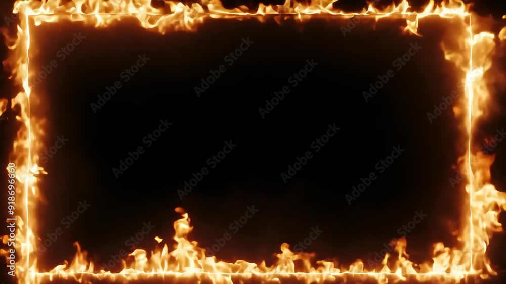 Abstract frame with animation of orange fire energy effect with flying particles and sparks on black background. Burning border with copy space. Rectangular glowing element for design