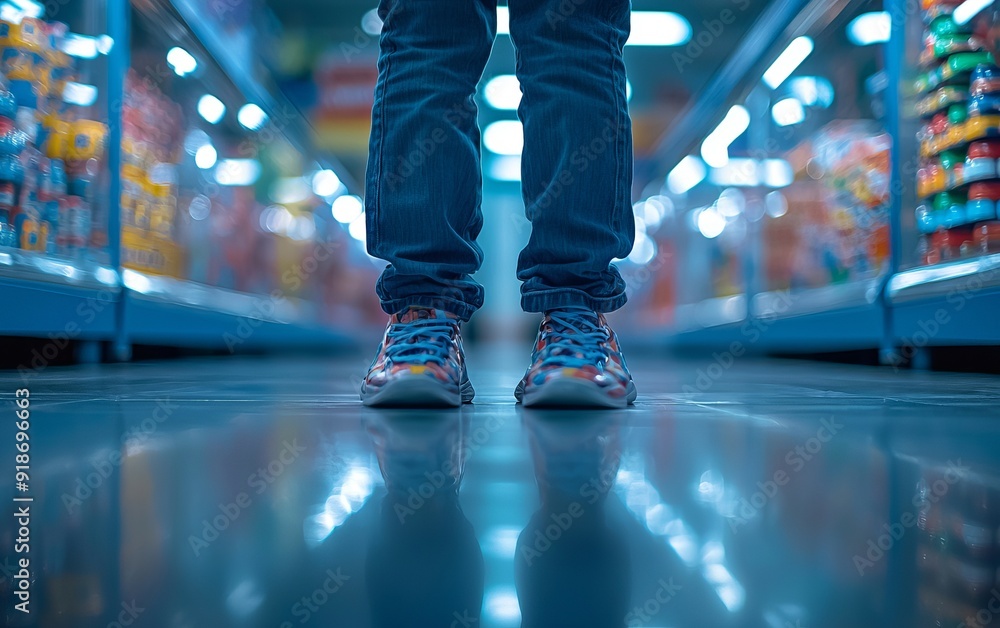 A young person's colorful shoes stand out against a bright supermarket aisle, showcasing vibrant products and modern shopping. A young person's colorful shoes stand out against a bright supermarket aisle, showcasing vibrant products and modern shopping.