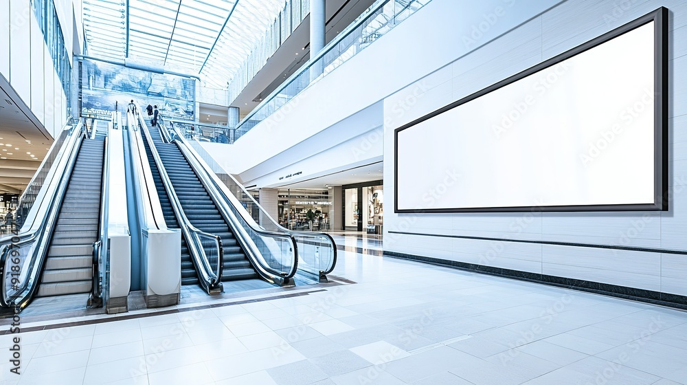 Fototapeta premium Modern Escalator and Large Blank Billboard in a Mall