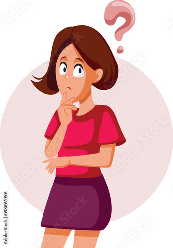 Adolescent Girl Wondering feeling Puzzled Vector Cartoon. Teenage girl asking herself what to do being confused 

