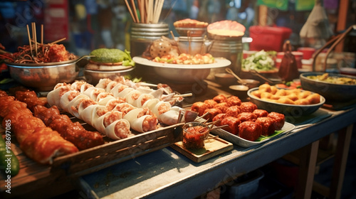 Assorted Traditional Street Food Platter with Skewers and Dumplings