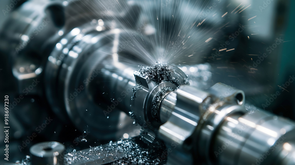 Precision Lathe Operation. A close-up image of a metal lathe in operation, focusing on the sharp cutting tool shaping a rotating metal piece. Precision Lathe Operation. A close-up image of a metal lathe in operation, focusing on the sharp cutting tool shaping a rotating metal piece.