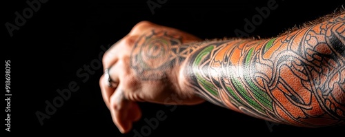 Close-up of a tattooed arm showing intricate designs and vibrant colors against a dark background, highlighting artistic expression.